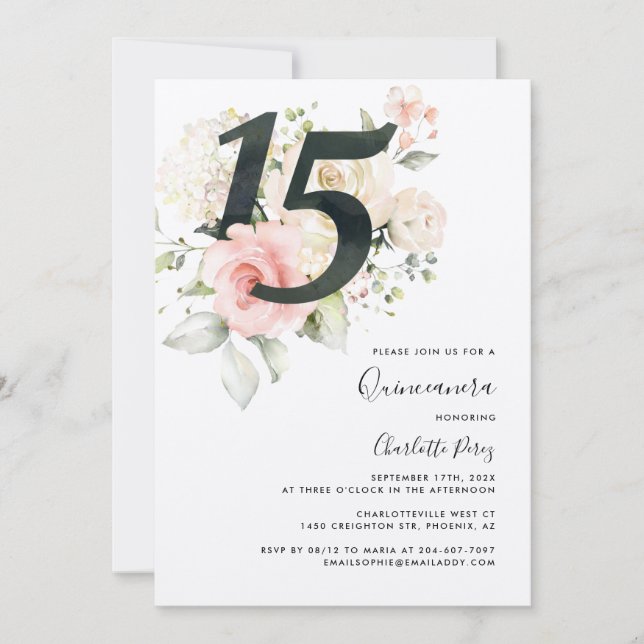 Invitación Acuarela Floral Rosa Quinceanera 15 años (Anverso)