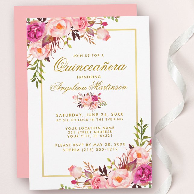 Invitación Acuarela Floral rosa Quinceanera Gold (Subido por el creador)