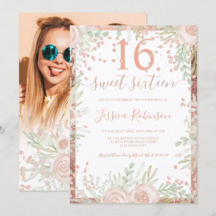 Invitación acuarela floral rosa rosa Rosa Sweet 16 foto
