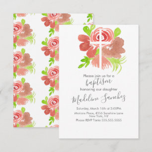 Invitación Acuarela Floral Rosa Rubor Bautizo Dedicación