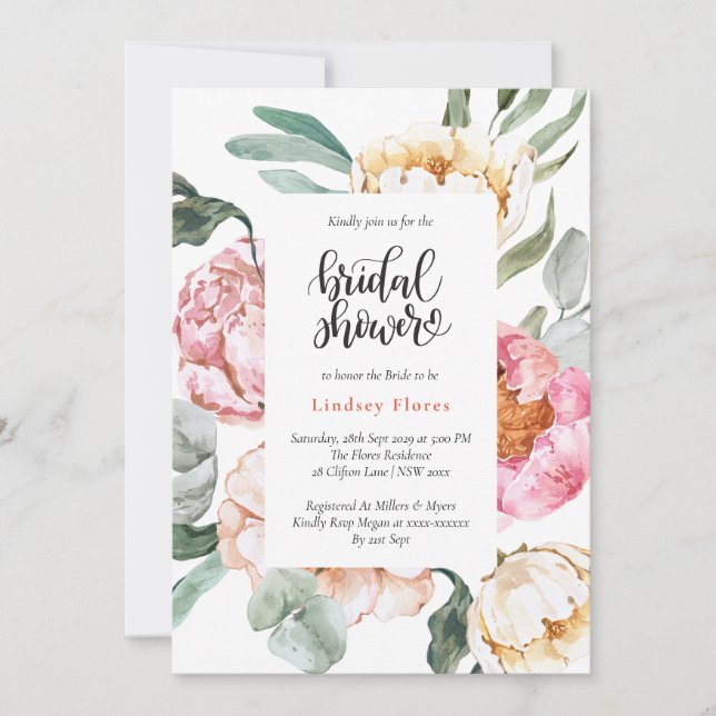 Invitación Acuarela Floral rosa Vegetación Bridal Shower (Anverso)