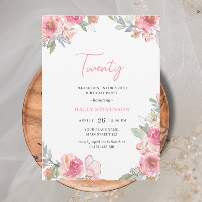 Invitación Acuarela Floral Rosa Veinte Boho Moda Cumpleaños (Subido por el creador)