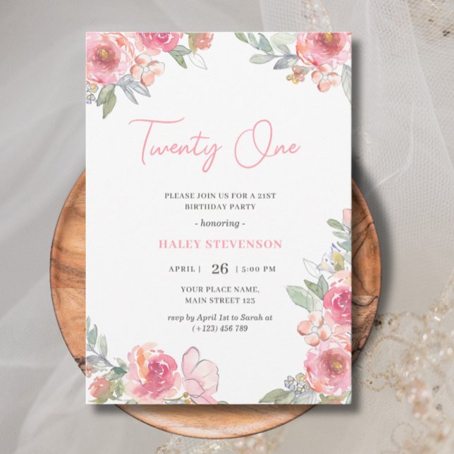 Invitación Acuarela Floral Rosa Veintiún Boho Cumpleaños (Subido por el creador)
