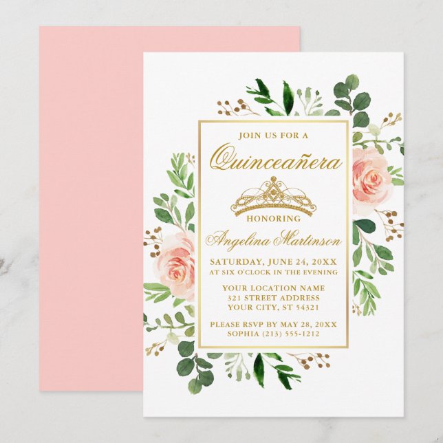 Invitación Acuarela Floral Rosa Verdor Dorado Quinceanera (Anverso / Reverso)