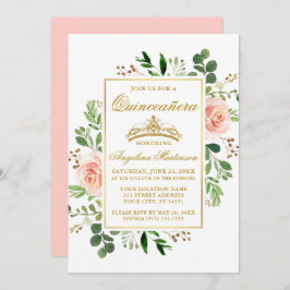 Invitación Acuarela Floral Rosa Verdor Dorado Quinceanera
