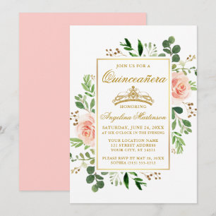 Invitación Acuarela Floral Rosa Verdor Dorado Quinceanera