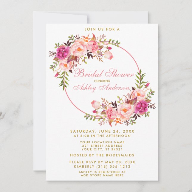 Invitación Acuarela Floral Rosa Wreath Oro Ducha de Novia P (Anverso)