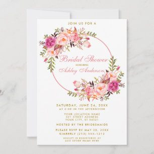 Invitación Acuarela Floral Rosa Wreath Oro Ducha de Novia P