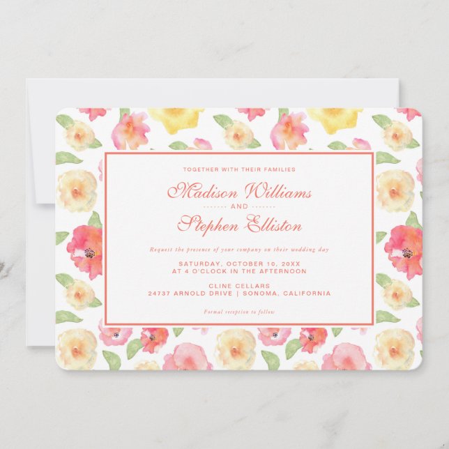 Invitación Acuarela floral rosa y amarilla - Boda (Anverso)