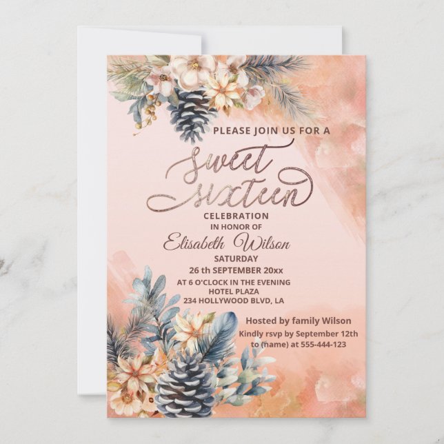 Invitación acuarela floral rubia de otoño/invierno (Anverso)
