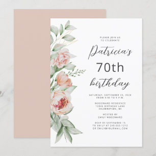 Invitación Acuarela Floral Rubor de Melocotón 70 Cumpleaños