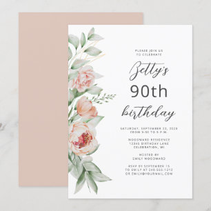 Invitación Acuarela Floral Rubor de Melocotón 90 Cumpleaños