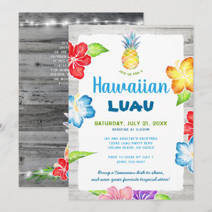 Invitación Acuarela Floral Rústica Tropical Hawaiana Luau