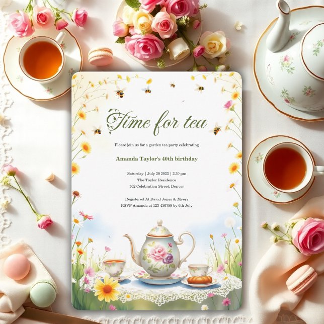 Invitación Acuarela Floral Rústico Jardín Tea Fiesta Cumpleañ (Watercolor Floral Rustic Garden Tea Party Birthday Invitation)