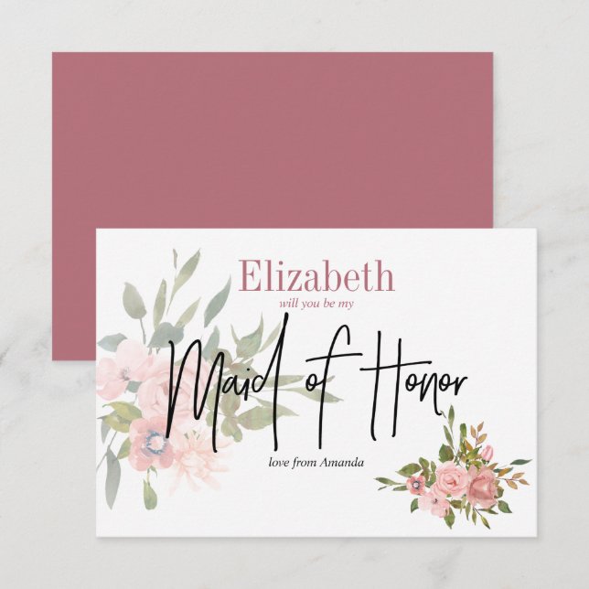 Invitación Acuarela Floral ¿Serás mi Dama de Honor? (Anverso / Reverso)