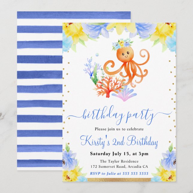 Invitación Acuarela Floral Subacuática Octopus Cumpleaños (Anverso / Reverso)