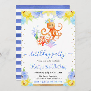 Invitación Acuarela Floral Subacuática Octopus Cumpleaños