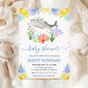 Invitación Acuarela Floral Subacuático Ballena Fiesta de Bebé