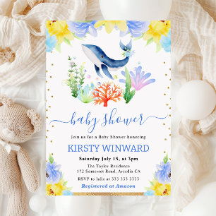 Invitación Acuarela Floral Subacuático Ballena Shower de Bebé
