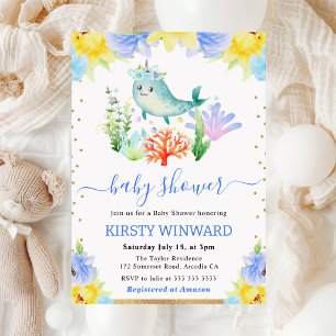 Invitación Acuarela Floral Subacuático Narval Baby Shower