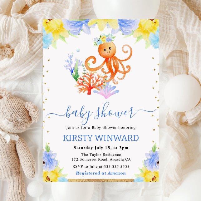 Invitación Acuarela Floral Subacuático Pulpo Baby Shower (Subido por el creador)