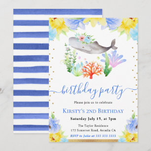 Invitación Acuarela Floral Submarino Ballena Cumpleaños