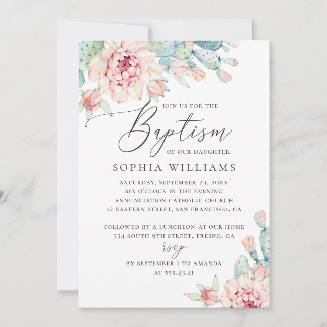Invitación Acuarela Floral Suculenta | Bautismo elegante (Anverso)