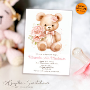 Invitación Acuarela Floral Teddy Bear Chica Baptismo
