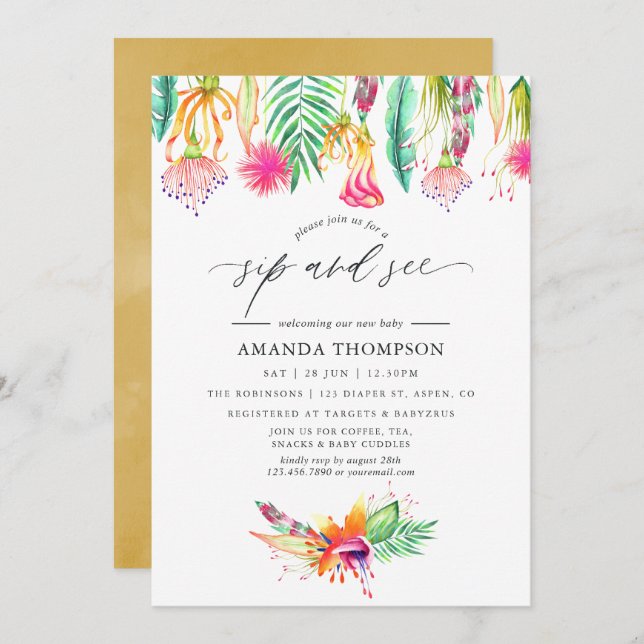 Invitación Acuarela floral tropical para sorber y ver (Anverso / Reverso)