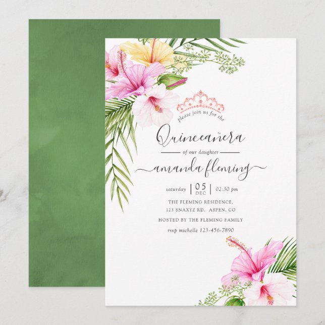 Invitación Acuarela Floral Tropical Quinceañera (Anverso / Reverso)