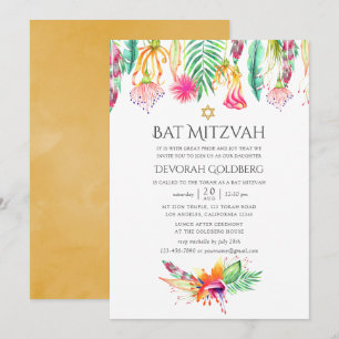 Invitación Acuarela floral tropical verano Bat Mitzvah