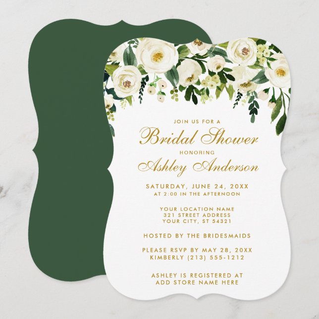 Invitación Acuarela Floral Verde Oro Blanco Ducha de novia B (Anverso / Reverso)
