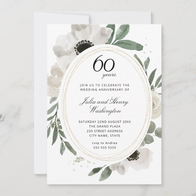 Invitación Acuarela Floral Verdor Foto 60 Aniversario (Anverso)