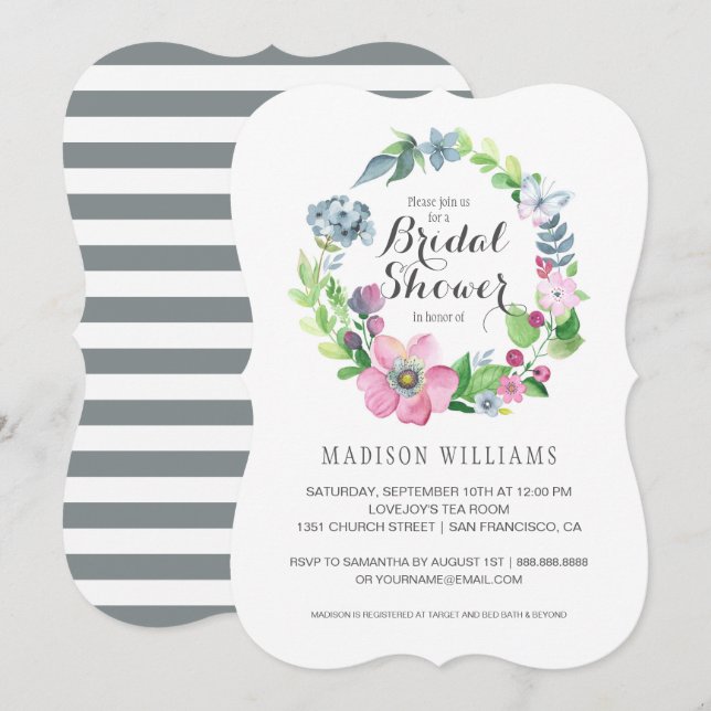 Invitación Acuarela floral y ducha nupcial de la mariposa el (Anverso / Reverso)