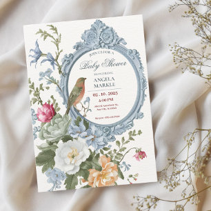 Invitación Acuarela floral y marco de pájaro Baby Shower