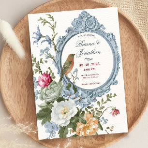 Invitación Acuarela floral y pájaro marco artístico boda