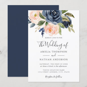 Invitación Acuarela Florales Navy Melocotón Boda