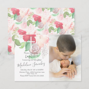 Invitación Acuarela Florales Rosa Bautizo Dedicación de Bebé 