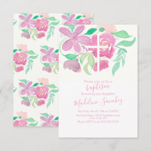 Invitación Acuarela Florales Rosa Bautizo Pintado a Mano  