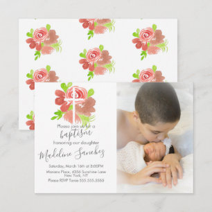 Invitación Acuarela Florales Rosa Rubor Bautizo Dedicación  