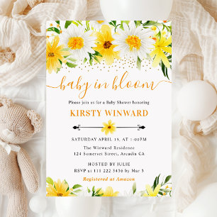 Invitación Acuarela Flores Amarillas de Verano Shower de Bebé