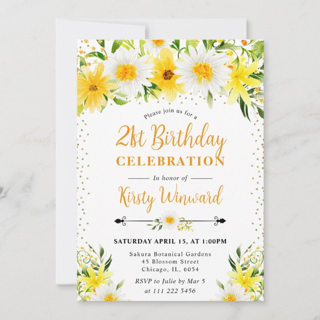 Invitación Acuarela Flores Amarillas y Daisies 21 años (Anverso)