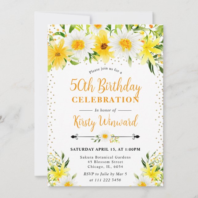 Invitación Acuarela Flores Amarillas y Daisies 50 años (Anverso)