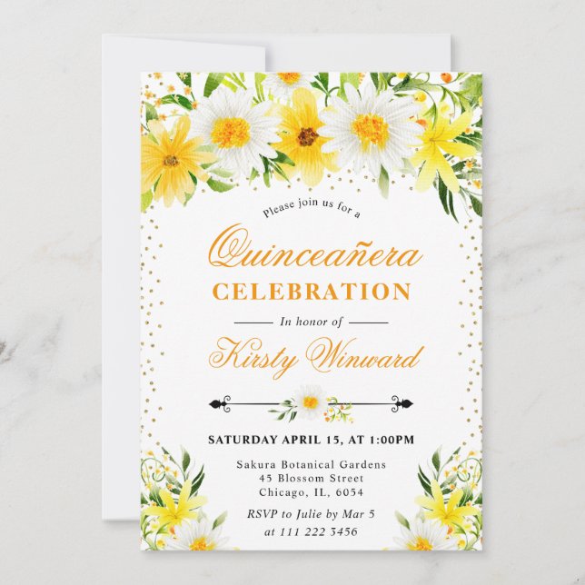 Invitación Acuarela Flores Amarillas y Daisies Quinceanera (Anverso)