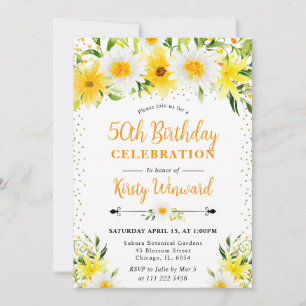 Invitación Acuarela Flores Amarillas y Margaritas Cumpleaños