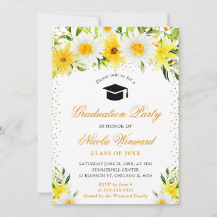 Invitación Acuarela Flores Amarillas y Margaritas Graduación
