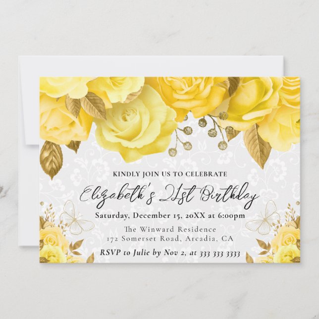 Invitación Acuarela Flores Amarillas y Oro 21 cumpleaños (Anverso)