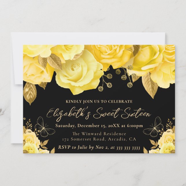 Invitación Acuarela Flores Amarillas y Oro Dulce Dieciséis (Anverso)