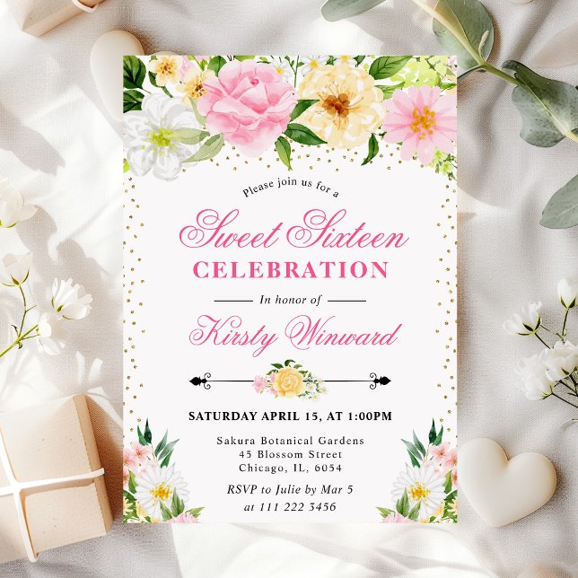 Invitación Acuarela Flores Amarillas y Rosadas de Verano Cump (Subido por el creador)