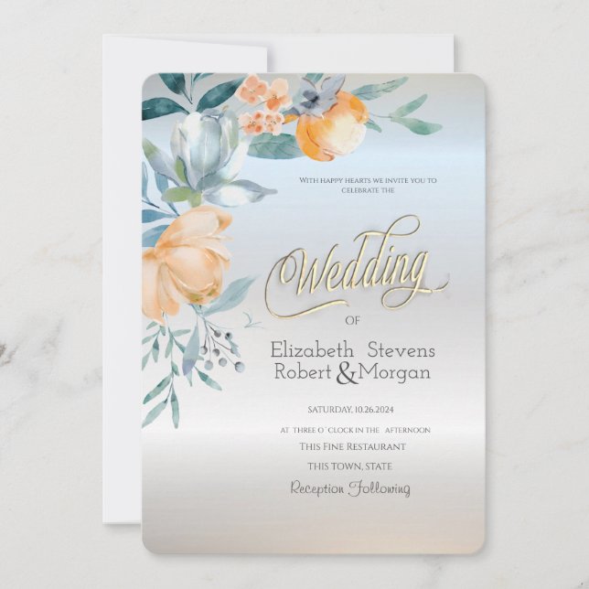 Invitación Acuarela Flores Azul Polvo Boda de Plata (Anverso)